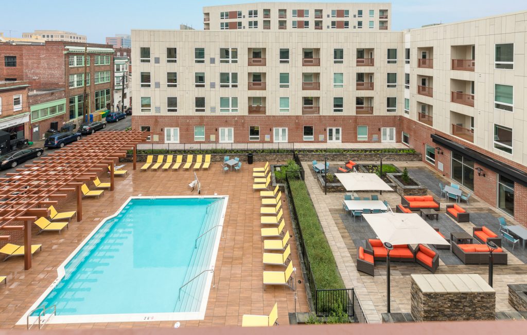 Pool and lounge chairs at the residences at midtown park apartments 